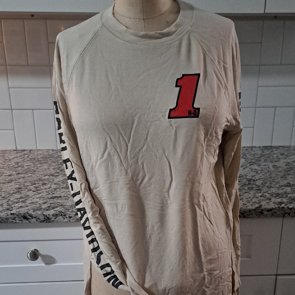 Harley-Davidson Men's Beige Long Sleeve Tee with Red Accent